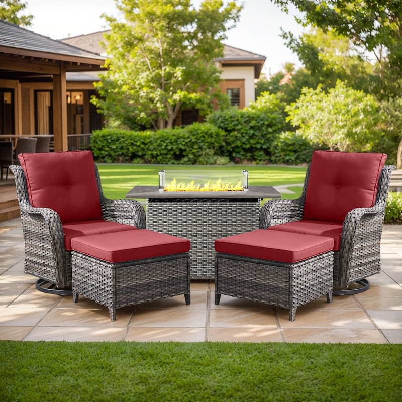 Gymojoy 5-Piece Outdoor Furniture Set, 2 Swivel Glider Chairs, 2 Ottomans & 55K BTU Fire Pit Table - Grey Wicker / Red Cusion - 5-Piece