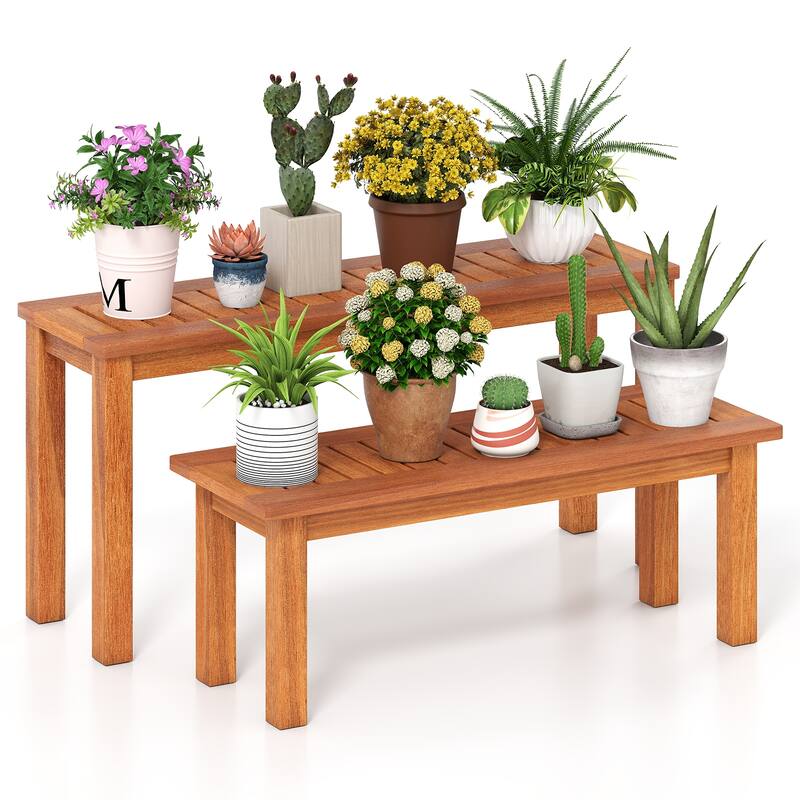 Gymax Wooden Plant Stand Set of 2 w/ Teak Oil Finish Slatted Top - Brown
