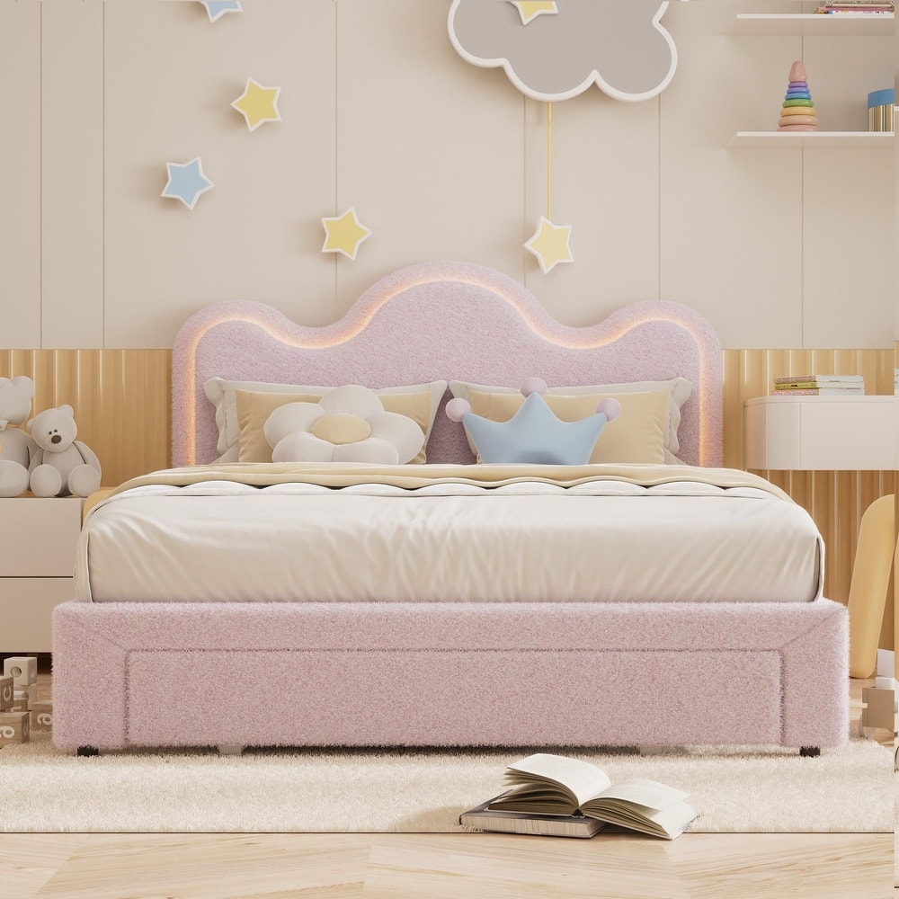 Upholstered LED Bed Frame, with Storage Drawer, No Box Spring Needed