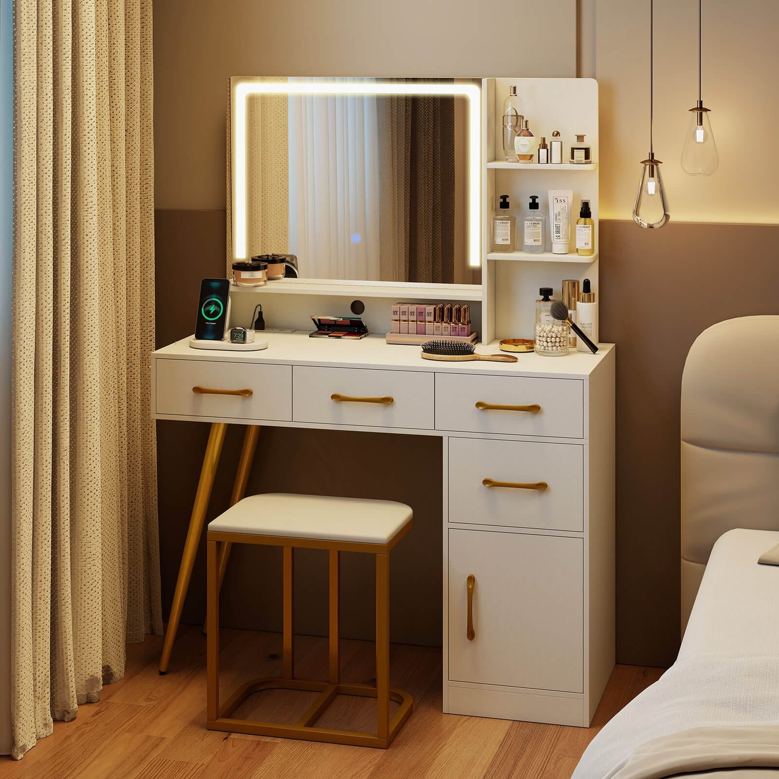 Costway Modern Vanity Desk Set with Charging Station,Hair Dryer Holder - See Details