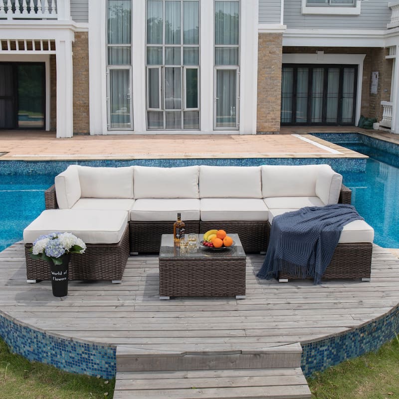 COSIEST 7-Piece Outdoor Patio Wicker Sectional Sofa with Coffee Table