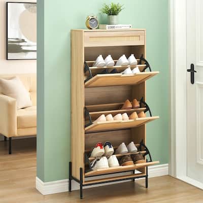 Rattan 3 Flip Door with 1 Drawer Shoe Rack Storage Cabinet