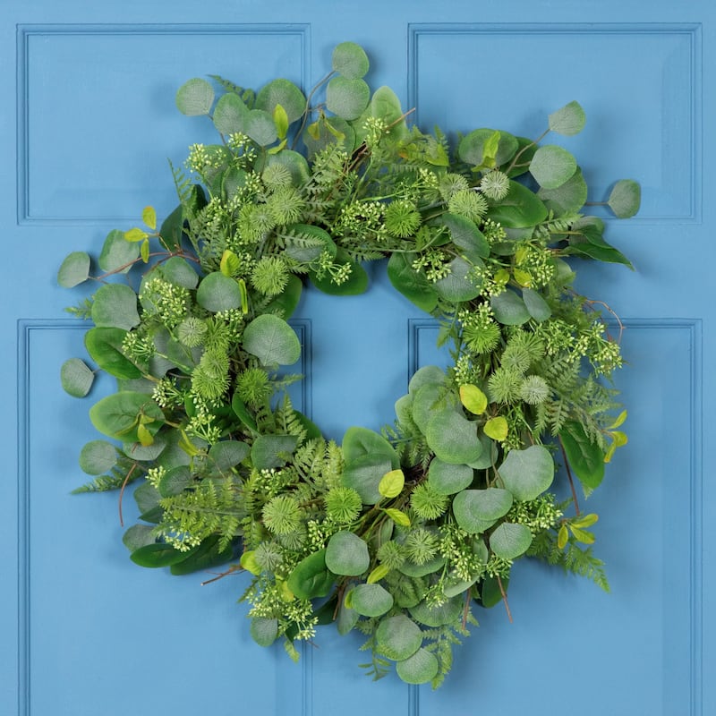Fern and Ficus Leaves Artificial Spring Wreath - 24" - Green