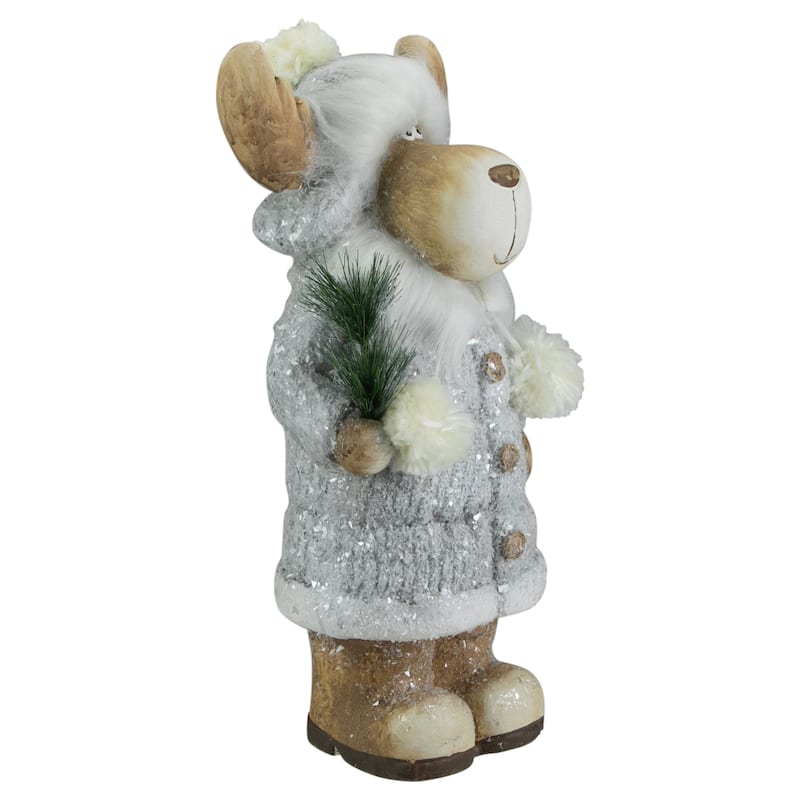 18" Ceramic Moose in Gray Coat Holding Pine Sprig Christmas Figure