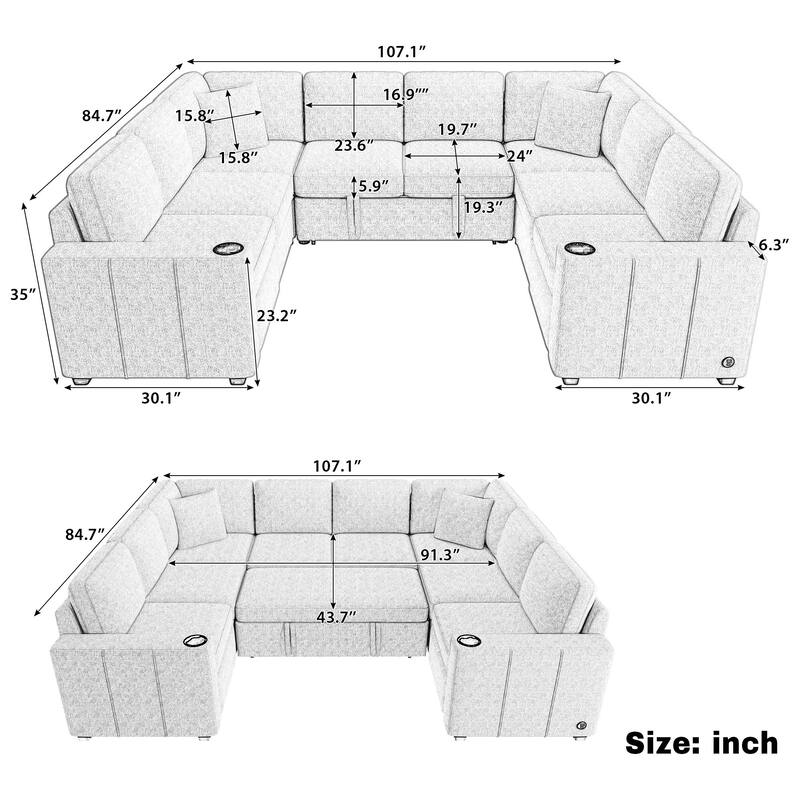 107.1" Convertible Sofa Bed, Gray, Chenille for Living Room with USB, Cup Holders & Pillows