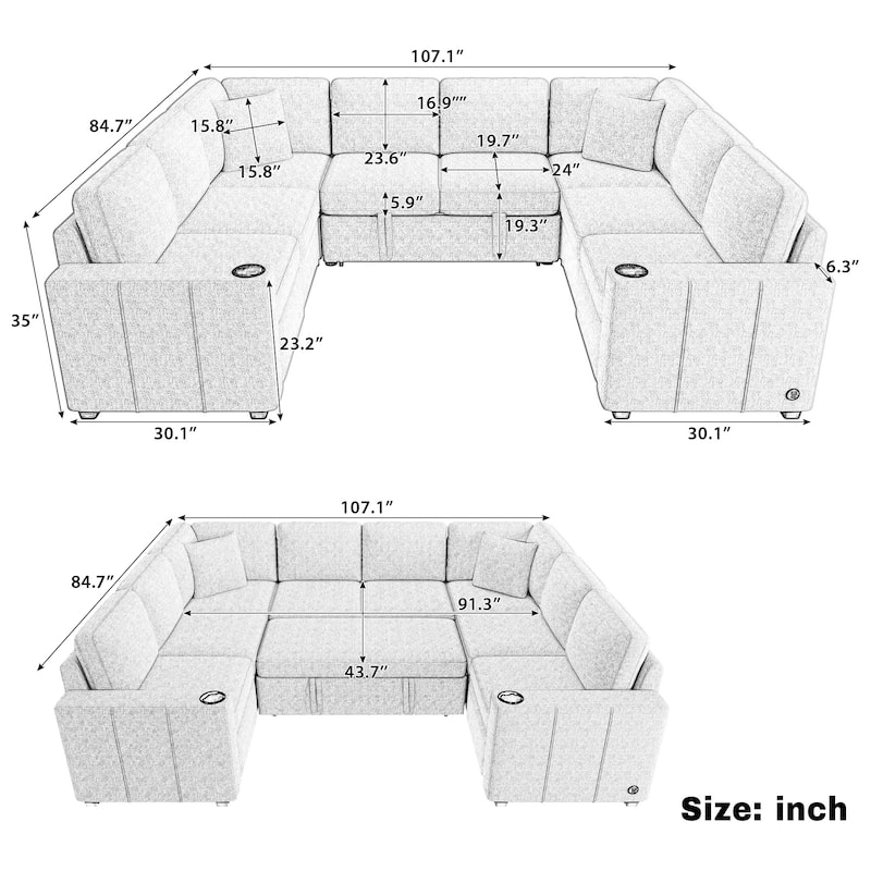 Roomfitters Convertible U-Shaped Sectional Sofa Bed with Pull-Out Sleeper for Living Room