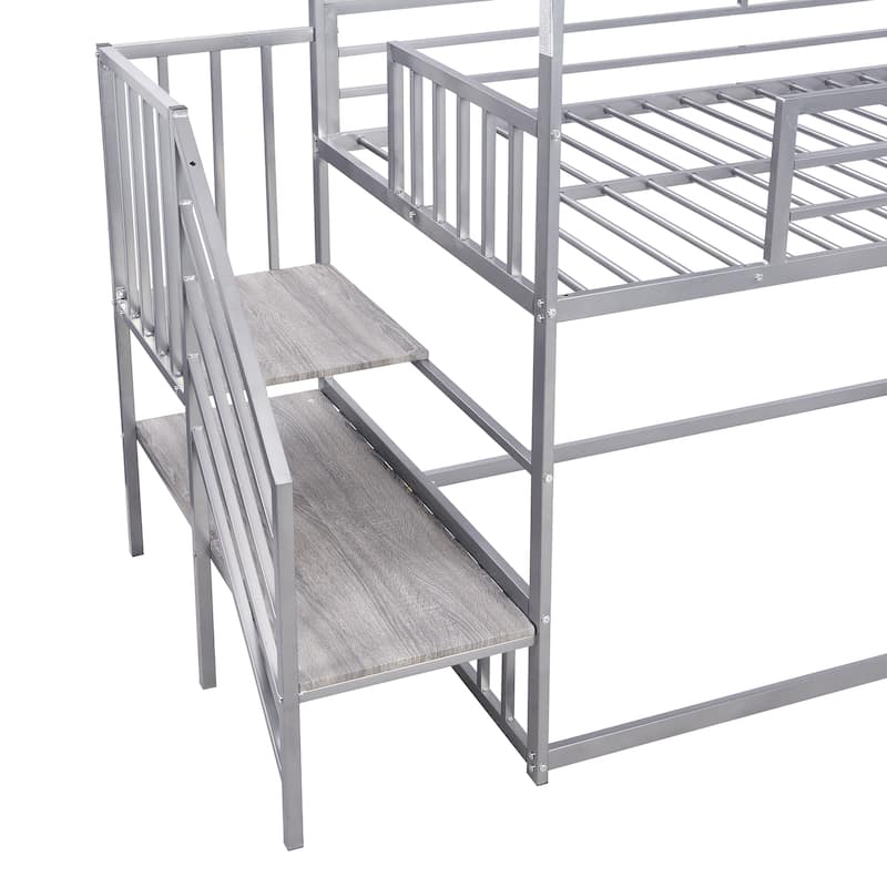 Twin Over Twin House Bunk Bed with Convertible Slide & Staircase, Metal Floor Bunk Beds Frame for Kids Boys Girls, Easy Assembly