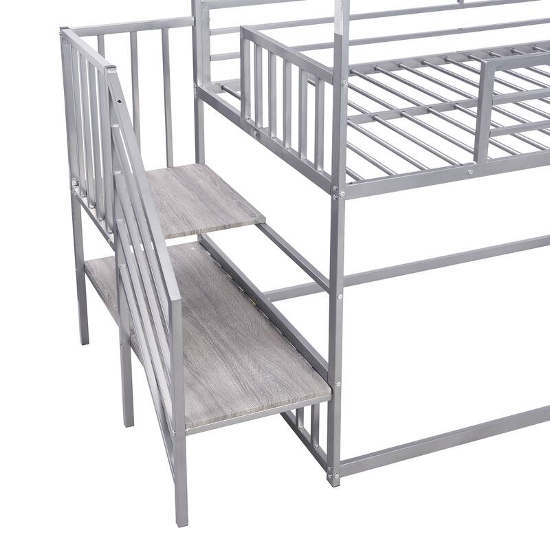 Twin Over Twin Metal Bunk Bed with Slide and Staircase, Silver