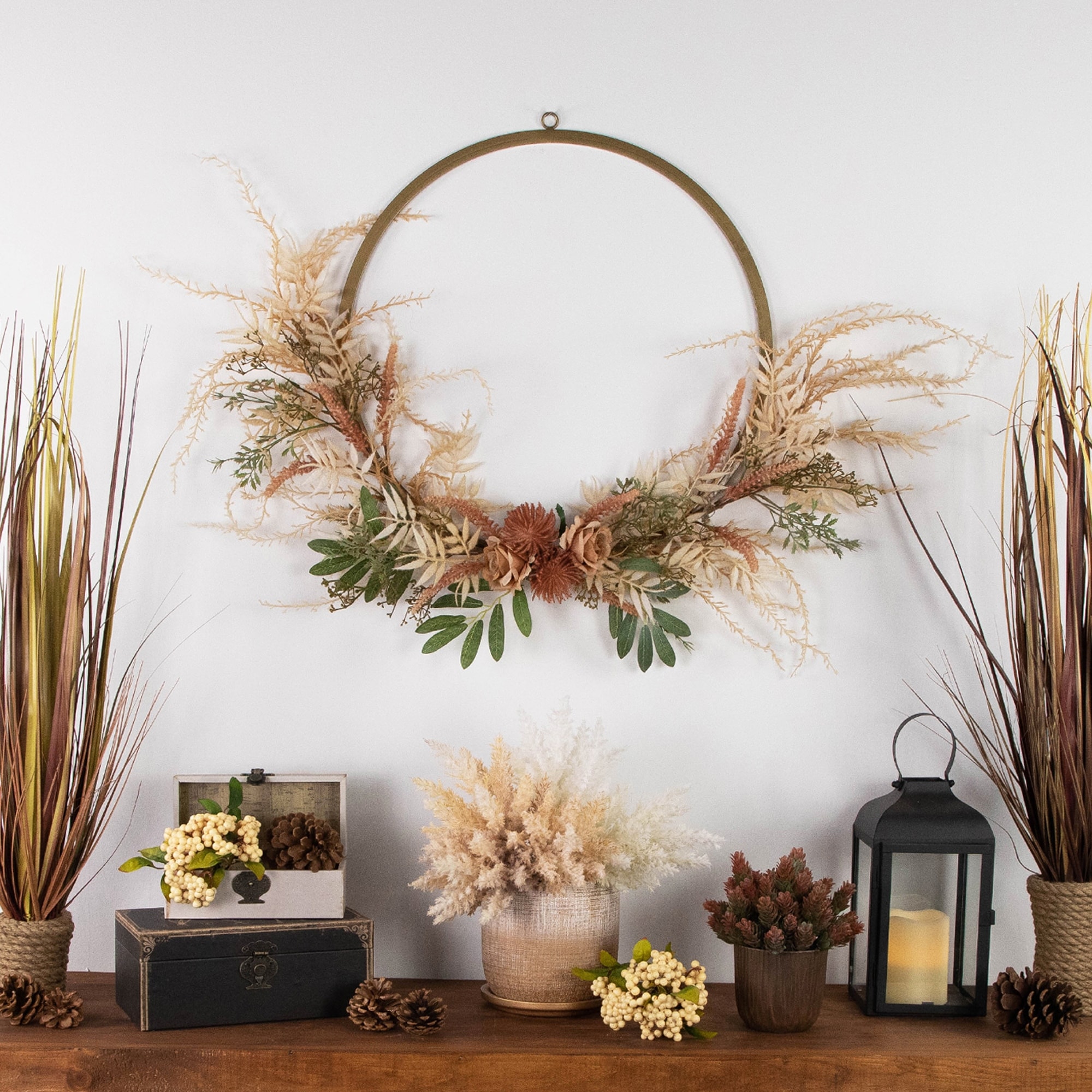 Fall Harvest Pale Roses with Foliage Artificial Wreath, 24-Inch, Unlit