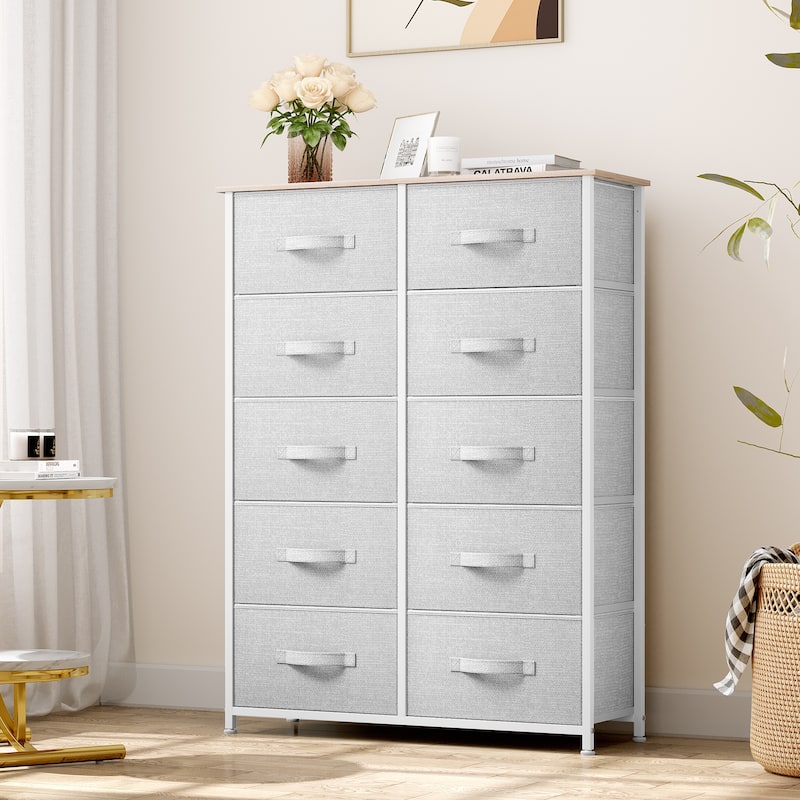 Modern 4/8/10-drawer Bedroom Fabric Dresser Storage Tower with Wood Top - Light Gray - 10-drawer