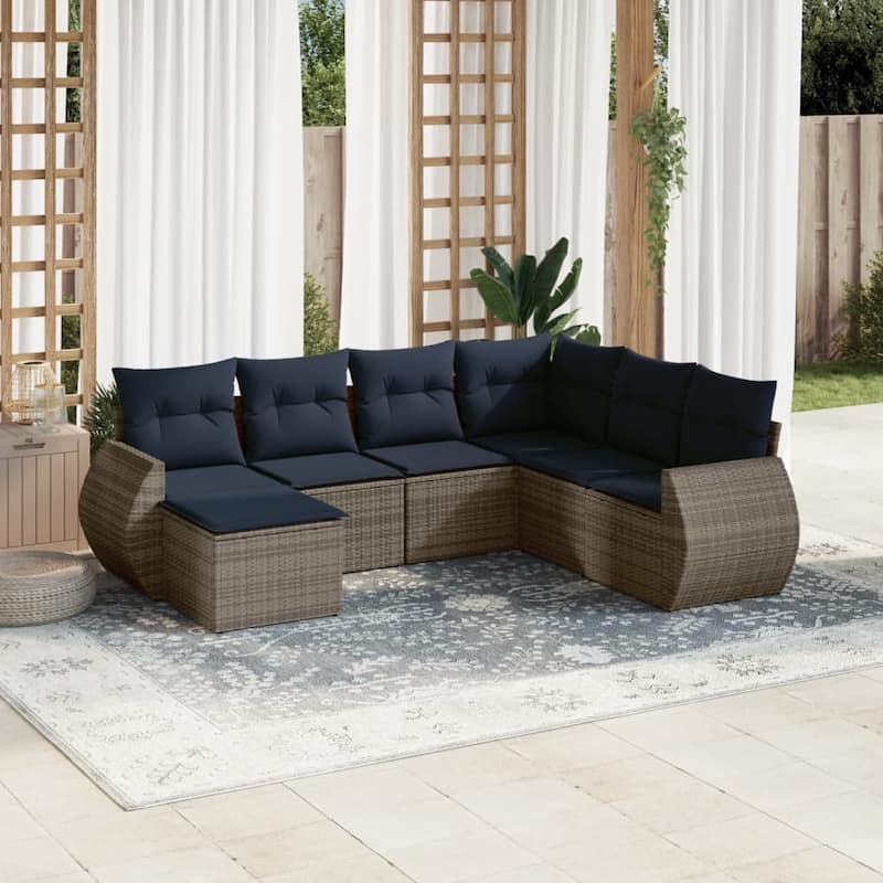 vidaXL 7 Piece Patio Sofa Set with Cushions Grey Poly Rattan - 24.4" x 24.4" x 27.2" - Grey and blue With table
