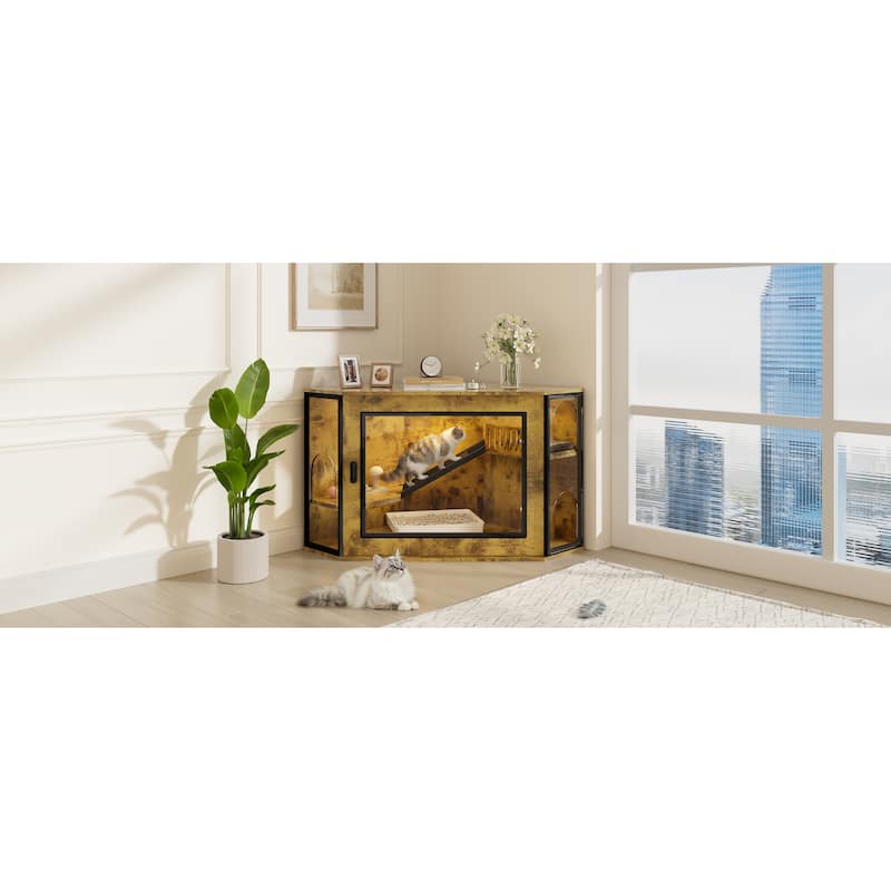 48" Corner Cat Litter Box Enclosure, Modern Hidden Litter Box Corner Cabinet with Acrylic Door and LED Light