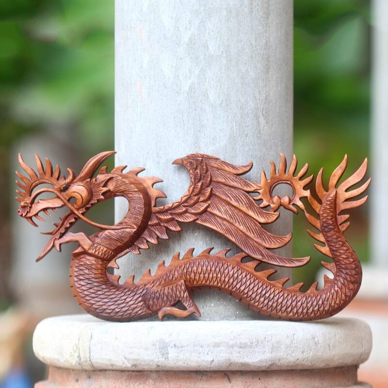 Novica Handmade Sky Dragon Wood Relief Panel
