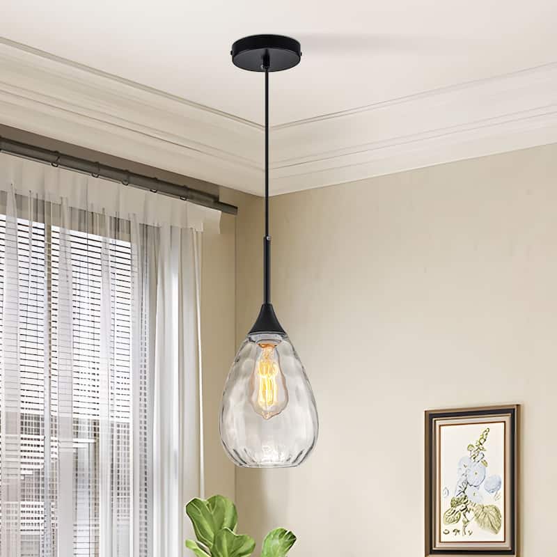 Starsky Modern Hammered Glass Tear-Drop Shade Pendant Light with Adjustable Height