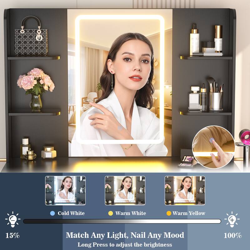 Modern Farmhouse Vanity Table with LED Mirror, Makeup Vanity Desk with Drawer, Cabinet, and Shelves