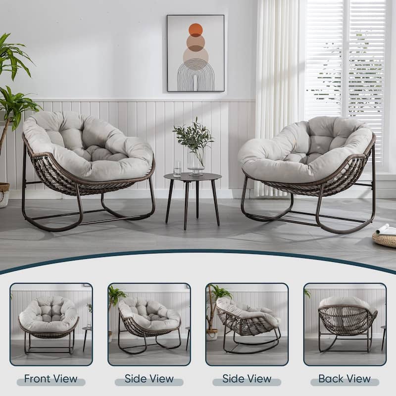 Outdoor Padded Cushion Rocking Chair, Patio Oversized Rattan Egg Chair