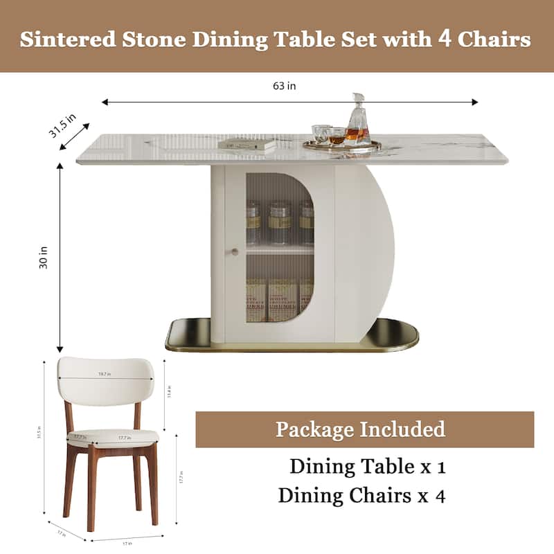 Roomfitters 63 Inch Dining Table Set with Chairs, Sintered Stone Kitchen Desk with Storage Cabinet, White & Gold