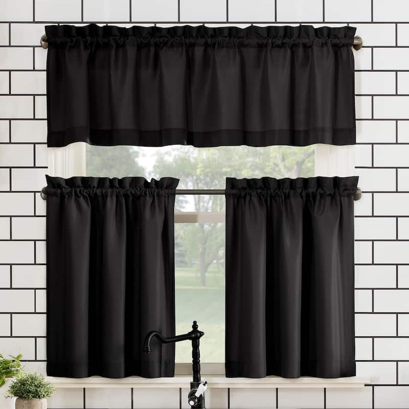 No. 918 Martine Microfiber Semi-Sheer Rod Pocket Kitchen Curtain Valance and Tiers Set - 54" x 45" - Black