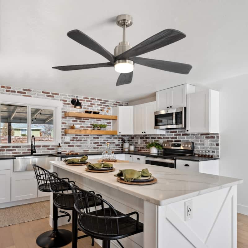 52 Inch Modern Ceiling Fan With 120V Dimmable 5 Solid Wood Blades Remote Control Reversible DC Motor With Led Light - Nickel