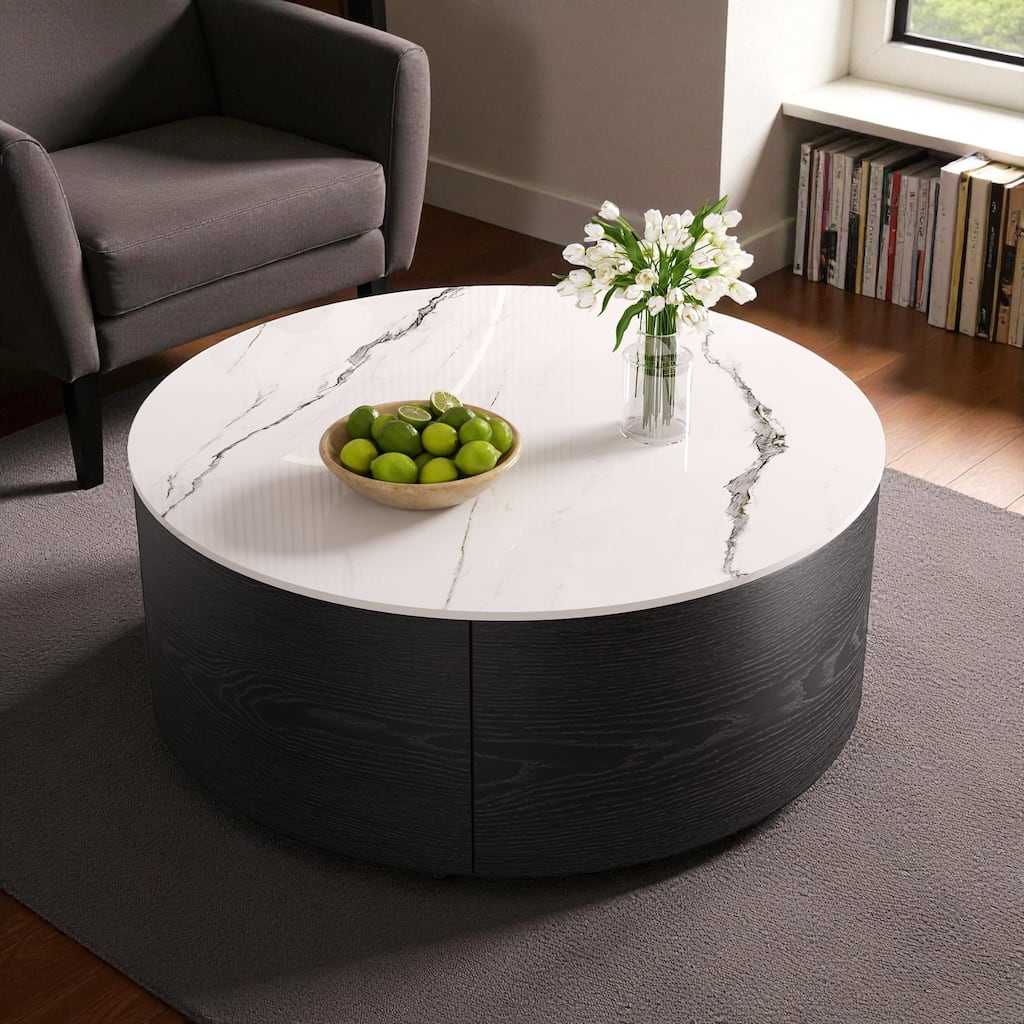 29.5'' Modern Round Movable Coffee Table with 2 Drawers, Sintered Stone Marble Top & Casters for Living Room