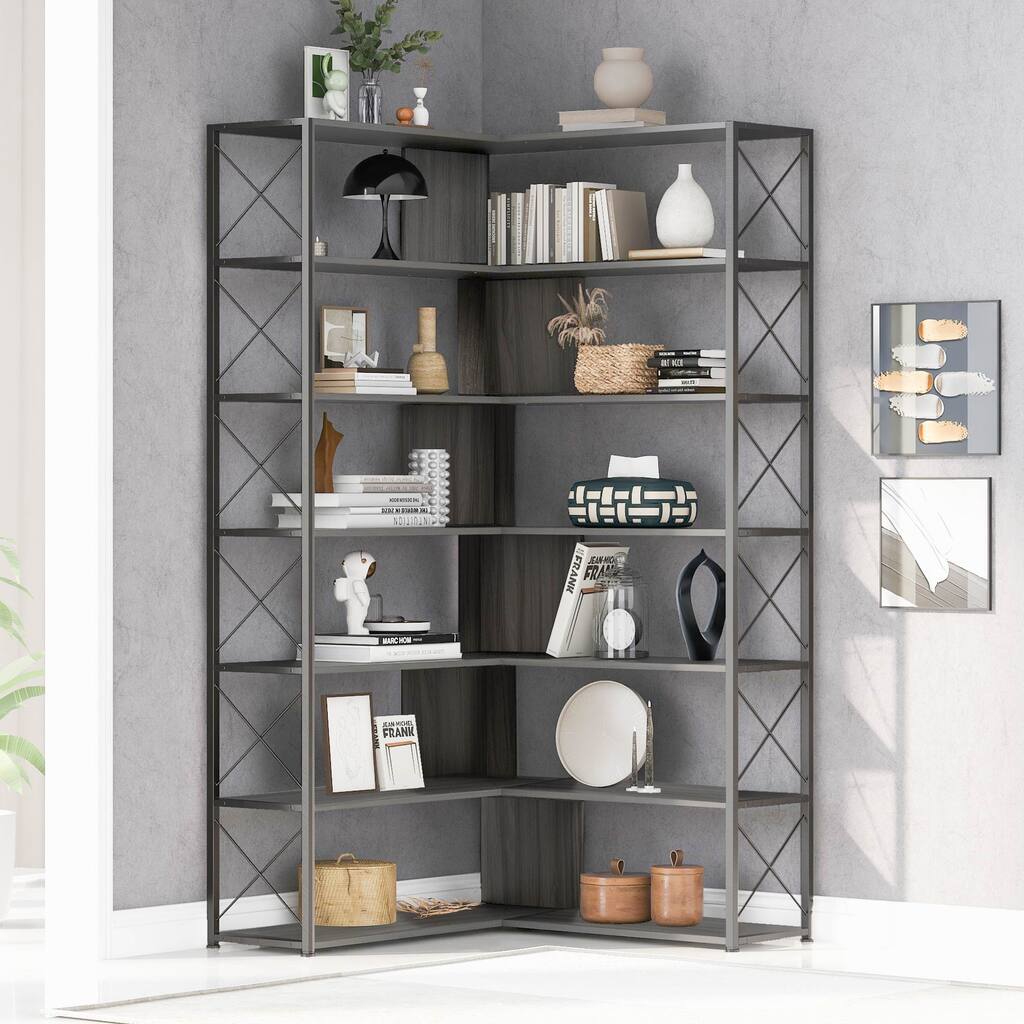 7-Tier Bookcase Home Office Bookshelf, L-Shaped Corner Bookcase with Metal Frame, Industrial Style Shelf with Open Storage