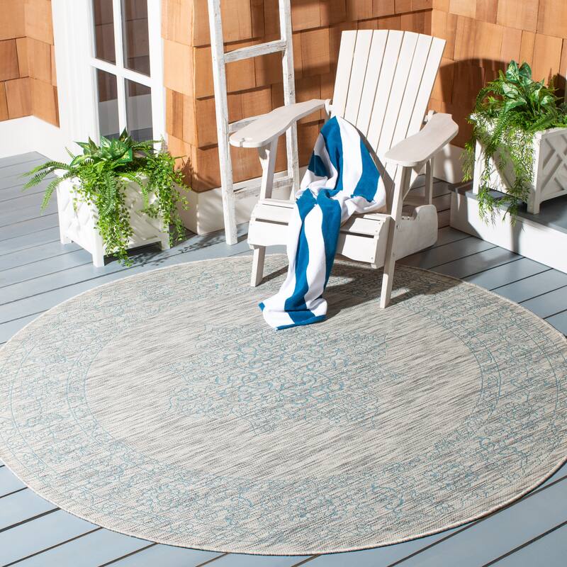 SAFAVIEH Courtyard Maralyn Indoor/ Outdoor Waterproof Patio Backyard Rug - 6'7" x 6'7" Round - Grey/Aqua