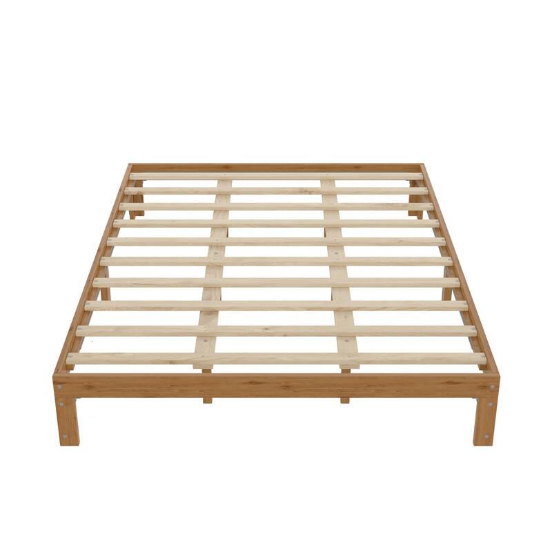 Solid Pinewood Platform Bed Frame with Built In Socket, Wood Slats Support, No Headboard