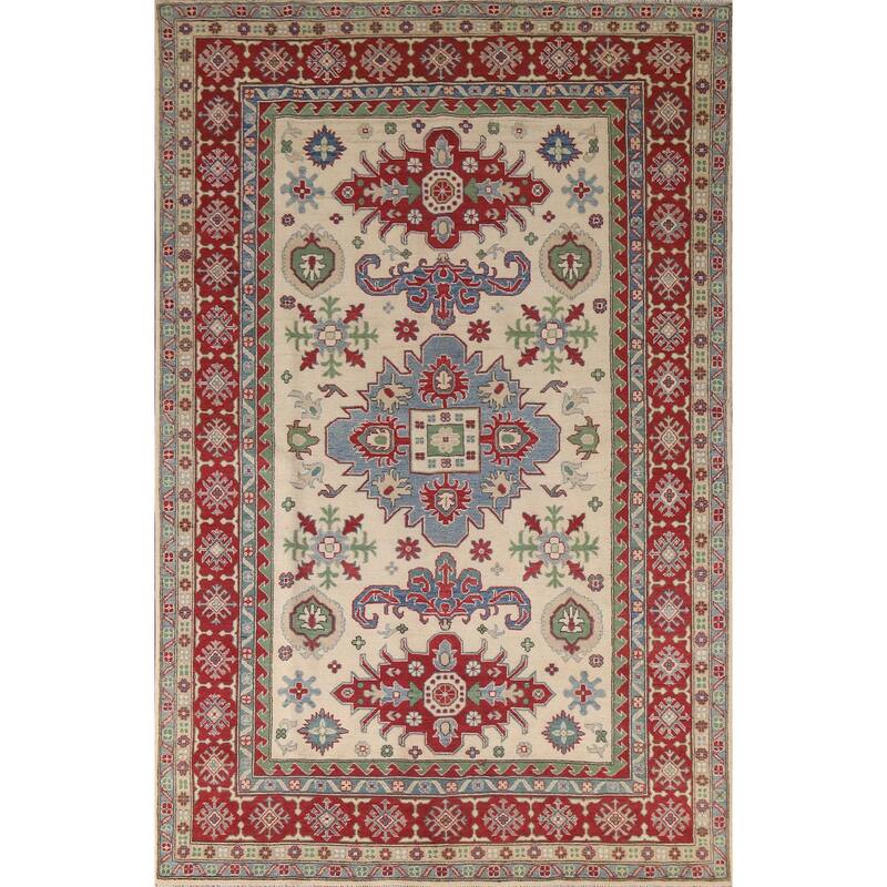 Hand Knotted Oriental 100% Wool Carpet Traditional Geometric Beige & Ivories Kazak Area Rug - 9' 9'' X 6' 7''