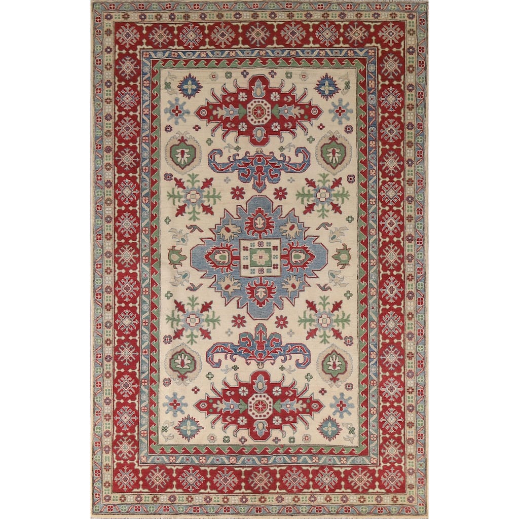 Hand Knotted Oriental 100% Wool Carpet Traditional Geometric Beige & Ivories Kazak Area Rug - 9' 9'' X 6' 7''
