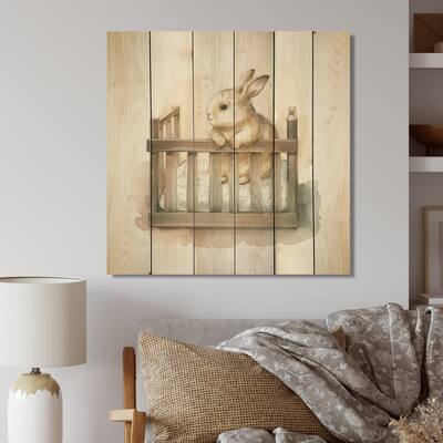 Designart 'Baby Bunny In Crib' Animals Rabbit Wood Wall Art - Natural Pine Wood