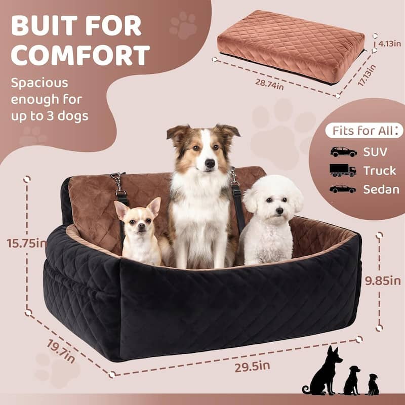 Portable Dog Car Seat Traval Bed for Small, Medium Dog with Thick Cushion, Triple Belts