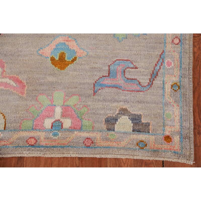 Hand Knotted Oriental 100% Wool Carpet Transitional Floral Greys & Charcoal Oushak Runner Rug - 9' 11'' X 2' 9''
