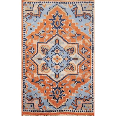 Orange & Blue Kazak Indian Foyer Rug Hand-Knotted Wool Carpet - 2'0" x 3'0"