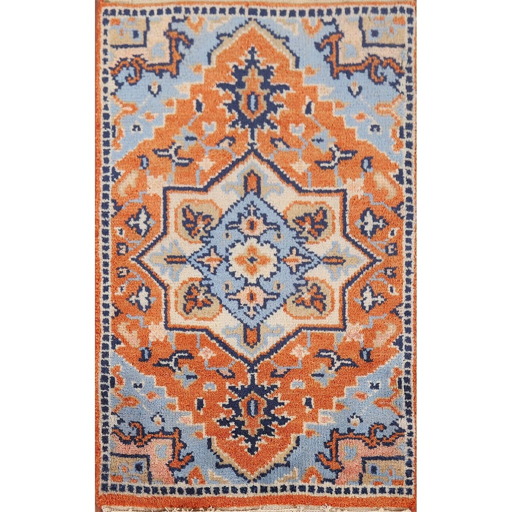 Orange & Blue Kazak Indian Foyer Rug Hand-Knotted Wool Carpet - 2'0" x 3'0"