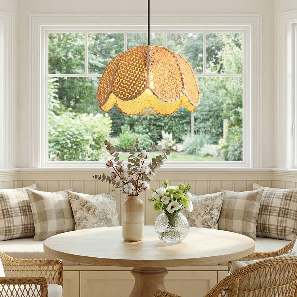 1-Light Farmhouse Flower Shaped Brown Hand-Woven Natural Rattan Ceiling Light Fixture - 15.7" W x 55" H