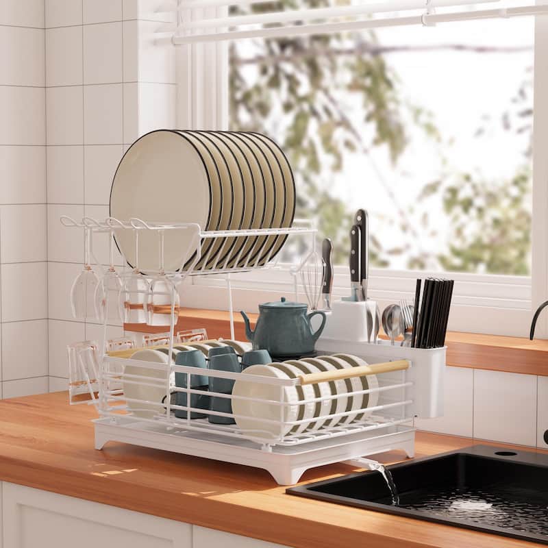 Double-Layer Dish Rack with Bamboo Handle