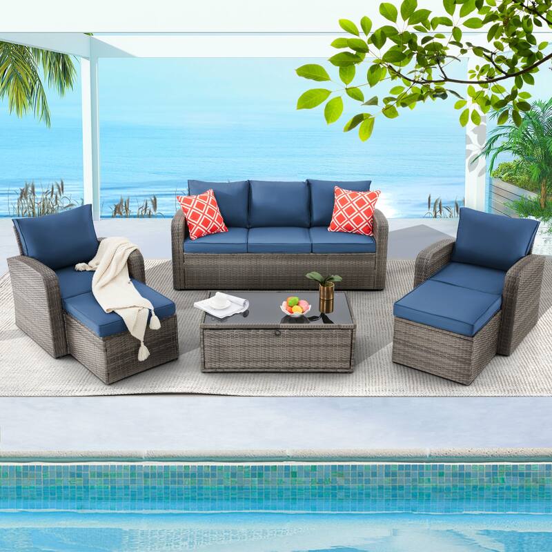6-Piece Rattan Patio Set with Fire Pit Table, Outdoor Conversation Set with Cushions, Weather-Resistant Sofa Sectional