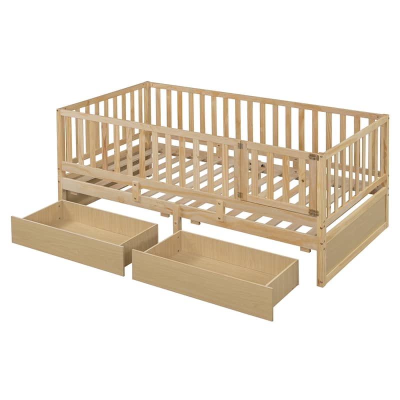 Twin Size Convertible Wood Daybed & Floor Bed with Fence Guardrails and 2 Drawers