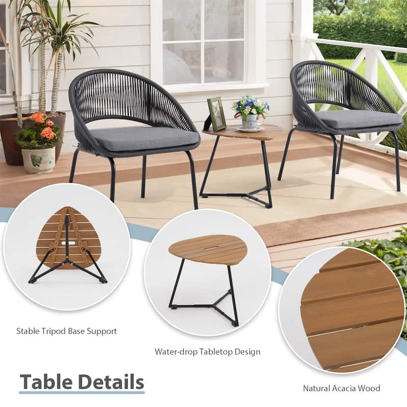 3-Piece Outdoor Bistro Set with Glass Side Table, Rattan Patio Chairs, Conversation Set for Porch, Garden, Balcony