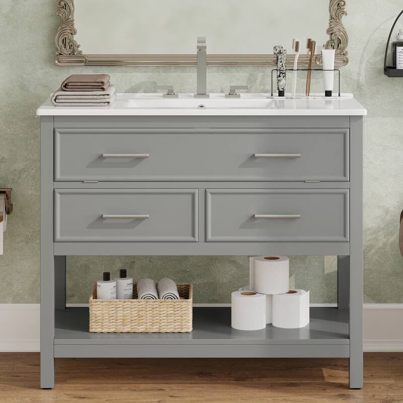 36" Contemporary Bathroom Vanity with Ceramic Sink - Tip-Out Tray + 2 Full-Extension Drawers - Grey