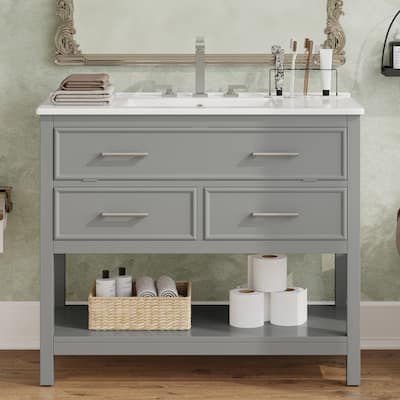 36" Contemporary Bathroom Vanity with Ceramic Sink - Tip-Out Tray + 2 Full-Extension Drawers