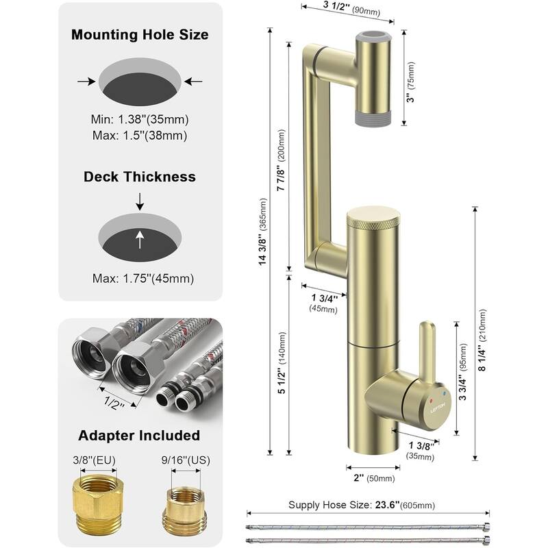 Lefton Rotatable Single Hole Bathroom Sink Faucet with Built-in Filter, Temperature Display in Fahrenheit, 2 Water Modes