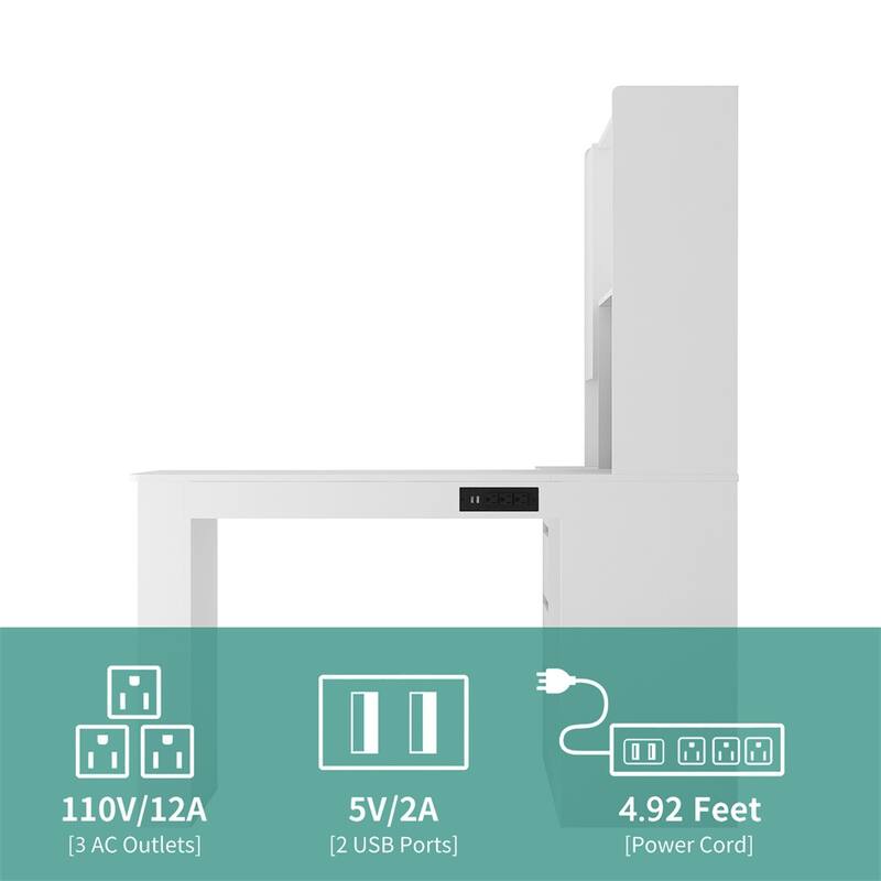 L Shaped Desk,Computer Desk with Drawers,Bookshelf & Hutch,w/LED Light
