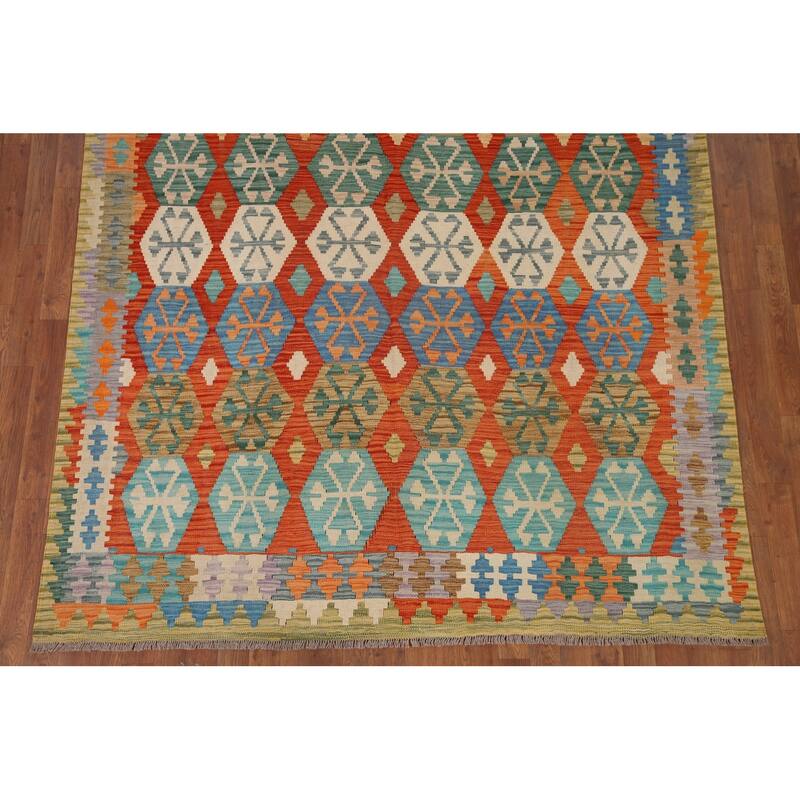 Hand Woven Oriental 100% Wool Carpet Southwestern Geometric Oranges & Rust Kilim Area Rug - 9' 9'' X 6' 5''