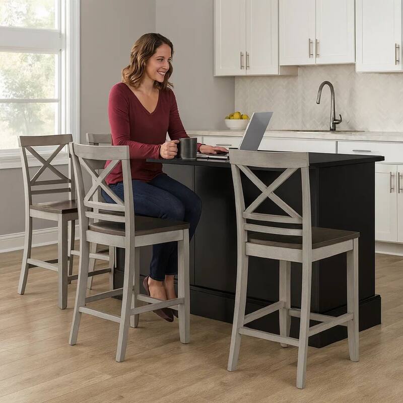 Brian 23 Inch Counter Chair Crossbuck Backrest Rustic Gray Wood Brown