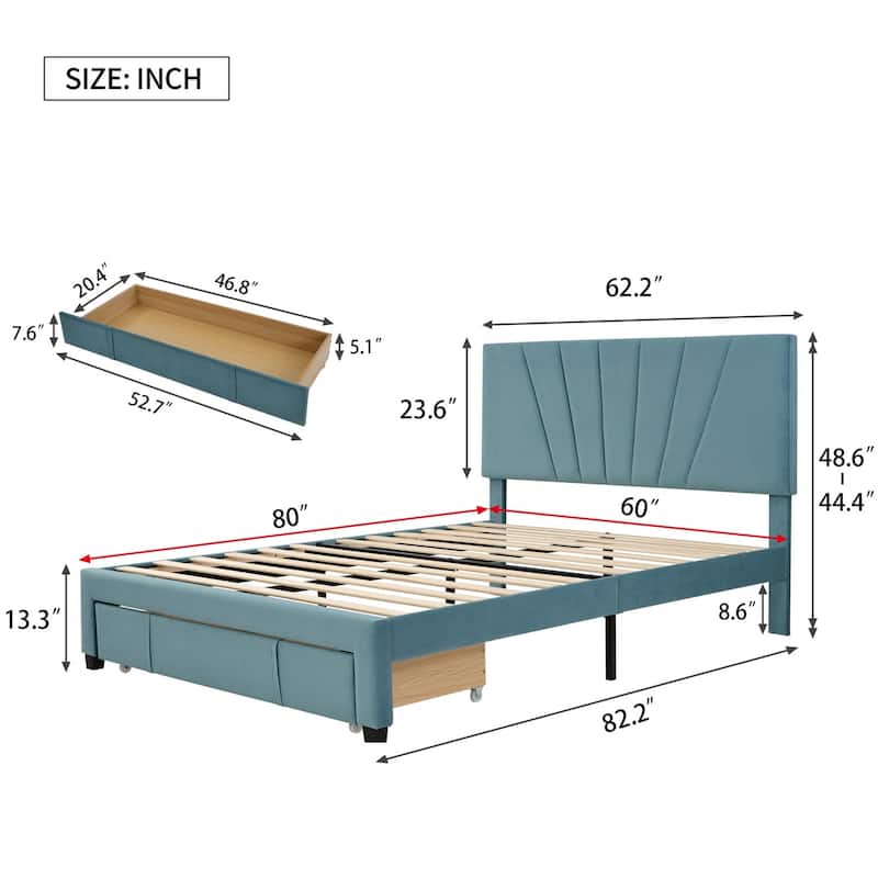 Queen Size Velvet Upholstered Storage Bed Frame with a Big Drawer - Bed ...