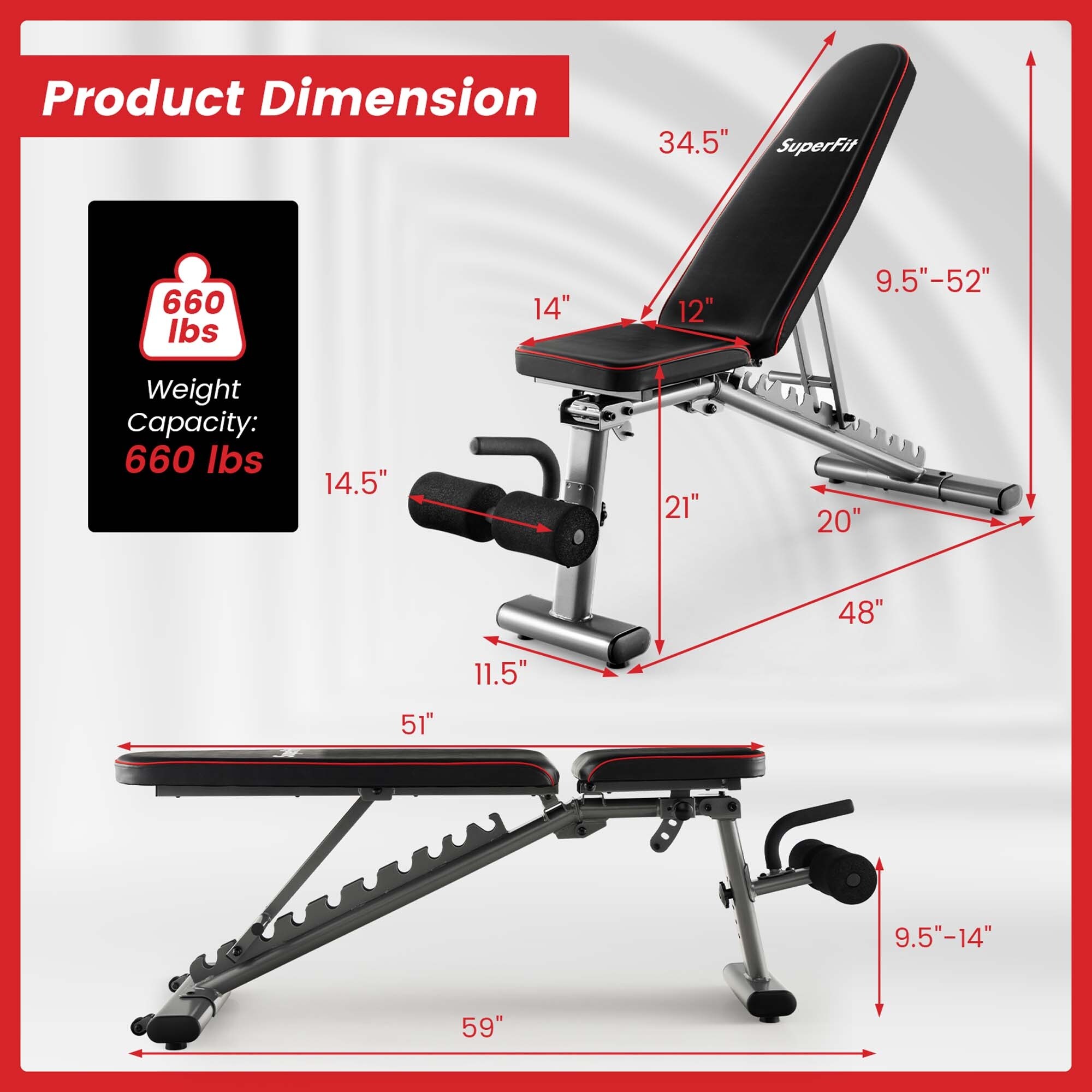 SuperFit Adjustable Weight Bench 660 lbs Heavy Duty Commercial