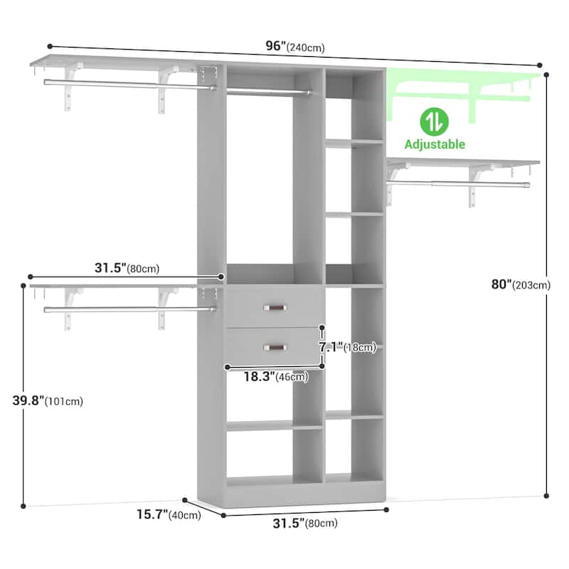 31.5'' to 96'' W Closet Organizer System with Drawers and Tower Shelves for Reach-in and Walk-in Closet