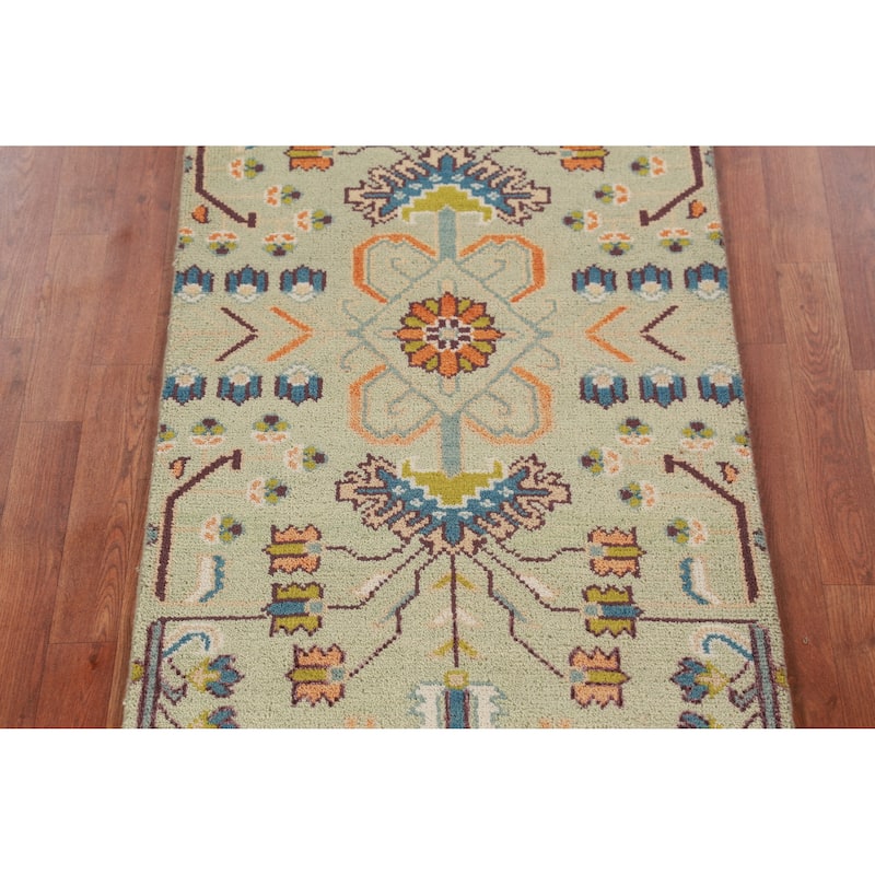 Hand Knotted Oriental 100% Wool Carpet Transitional Tribal Green Oushak Runner Rug - 8' 2'' X 2' 7''