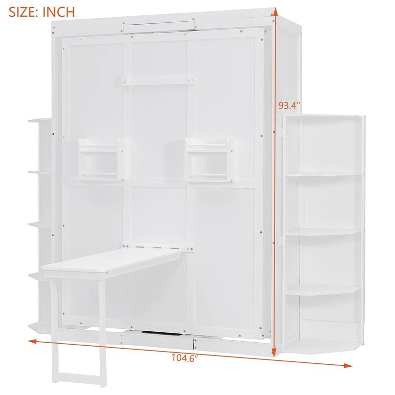 Queen Rotating Murphy Bed with Desk, Dual 3-Tier Side Shelves, Hidden Wall Cabinet, Space-Saving Wall Bed